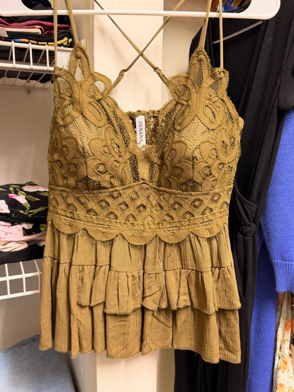 ZINAMAY Olive Green Lace Tiered Cami